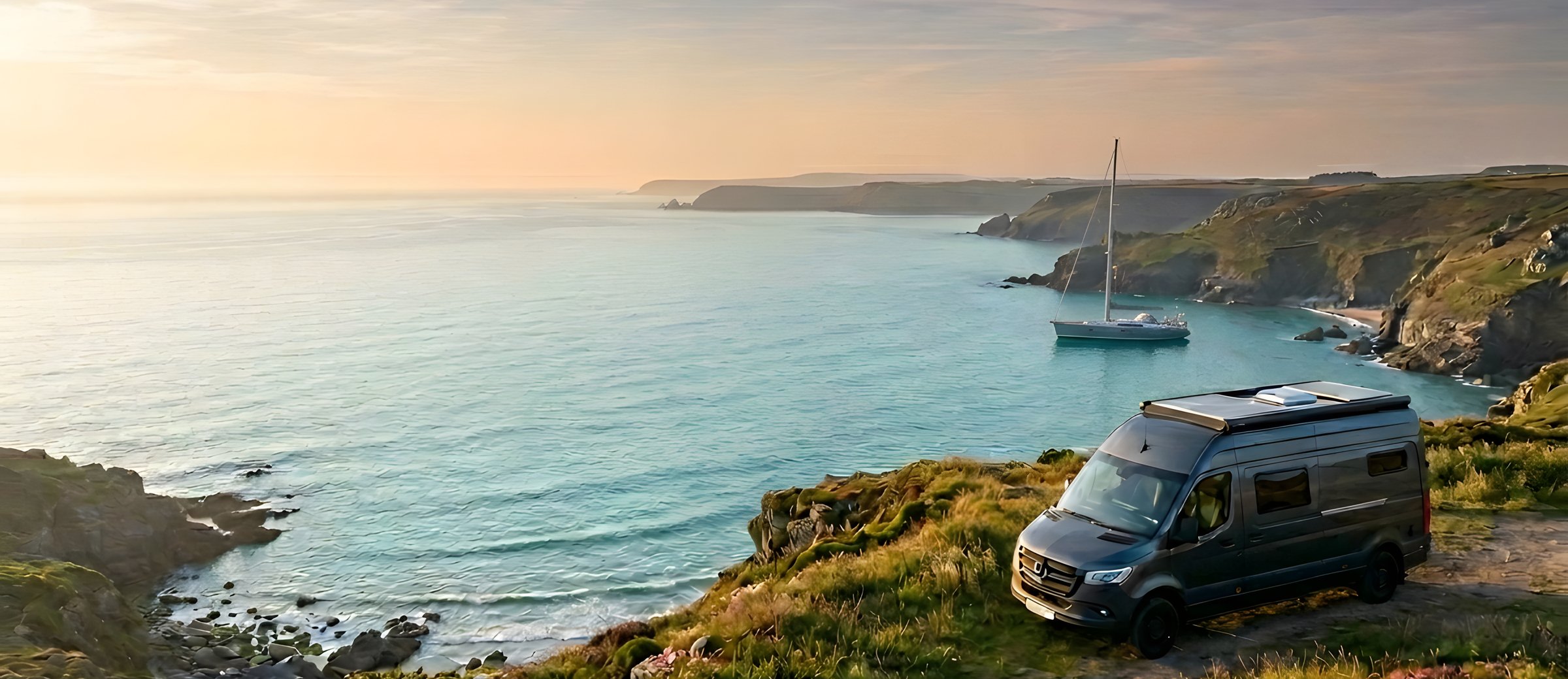 A campervan parked on a clifftop above a calm bay at sunset with a sailboat at anchor